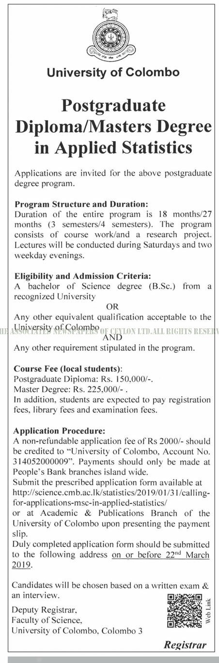 Postgraduate Diploma / Masters Degree in Applied Statistics - University of Colombo